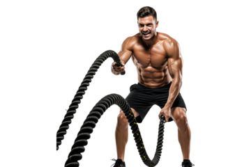 Intense Muscular Man Training with Battle Ropes