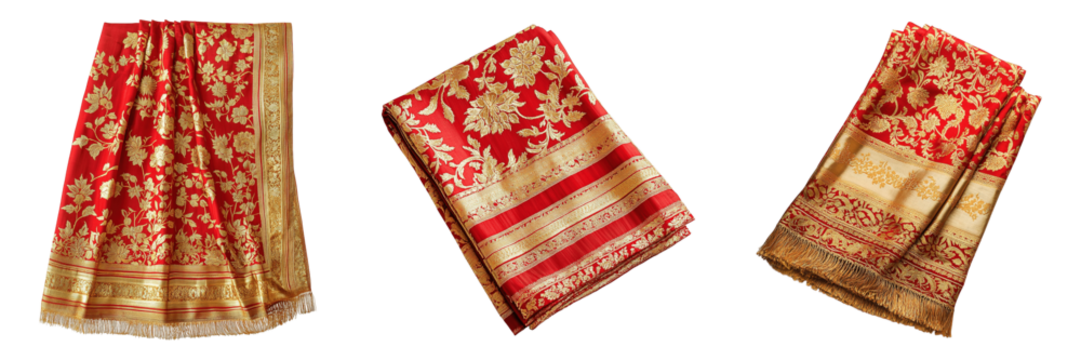 Set of Red and Gold Bridal Sarong with Floral Motifs and Golden Threads on Transparent Background
