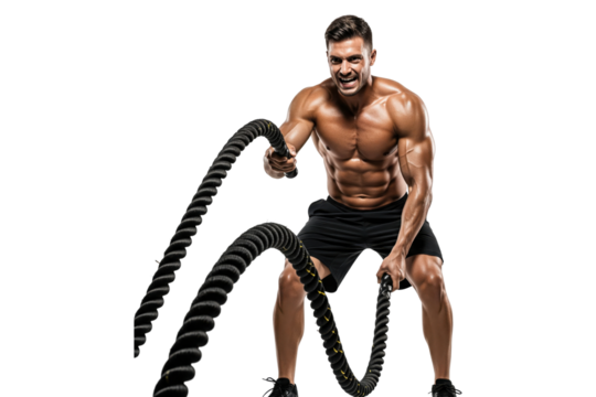 Intense Muscular Man Training with Battle Ropes