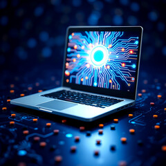 Silver laptop with a black keyboard is centered in the image, its screen open and displaying a futuristic circuit board design