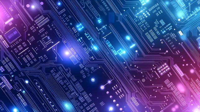 Close-up view of a circuit board with vibrant neon colors.