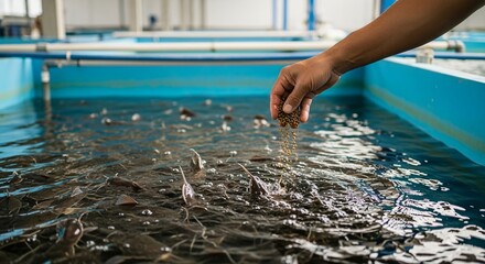 Hand of a Farmer or Caretaker Feeding Catfish in a Controlled Aquaculture Tank