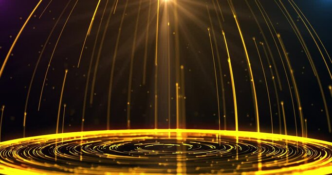 Golden portal with lights and particles continuously spinning. Connection and technology concept. I made this video with 3d program, using its 3d animation features. Seamless looping 4k