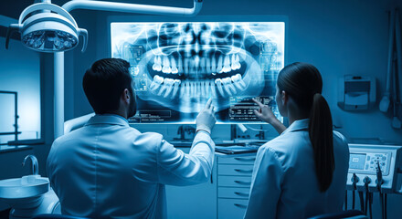 Dentist analyses a tooth X-ray holographic film. The concept of dental care, diagnostics, and precision in oral health treatment with modern technology. Generative AI.