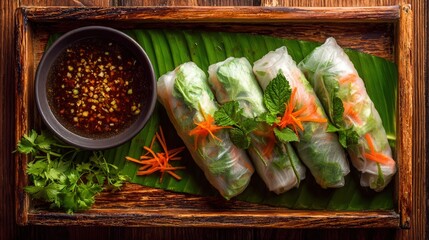 Vietnamese fresh spring rolls with dipping sauce on banana leaf tray