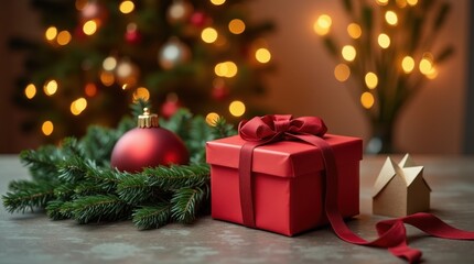 A stylish red Christmas gift box adorned with a cedar wreath and modern paper decorations on a wooden table, glowing golden Christmas tree lights in the background creating a festive atmosphere.

