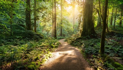 Obraz premium sunlit forest path splits offering two directions amidst lush greenery and towering trees