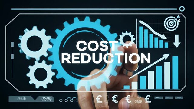 Cost Reduction Concept with Gears and Graph on Digital Screen with Hand Touching Interface Financial Efficiency Strategy Visualization