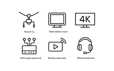 Sports broadcasting equipment diagrams: skycam rig, tablet monitor, 4k screen, capture hub, wireless feed, headset