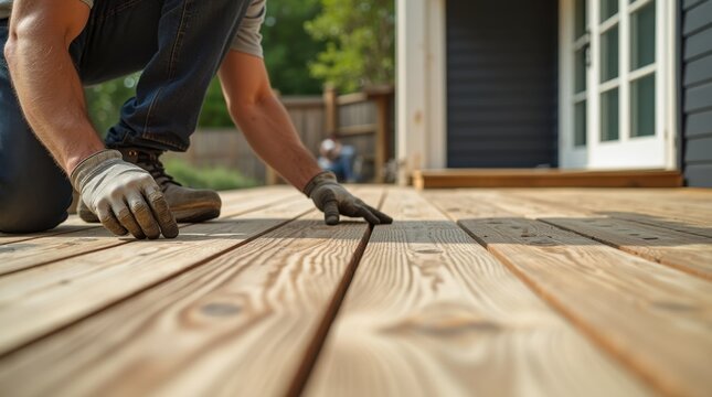 A skilled worker carefully laying wooden planks on an outdoor deck, demonstrating an artistic and professional installation process of vinyl terrace boards under bright daylight.