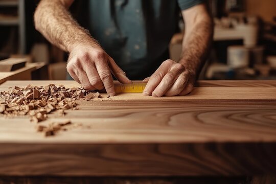 Hands of a person doing a DIY project at home. Man measuring wood to build cabinet craftworks as a hobby, Generative AI