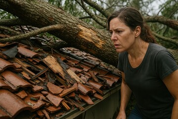 woman examines shattered roof tiles and branches inside her house after a huge tree crashed down during a violent storm