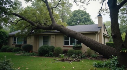 A massive tree has toppled over onto a home's roof in a quiet neighborhood