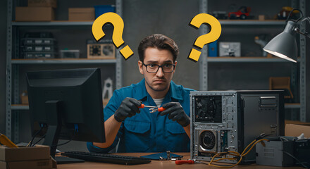 Tech Troubleshooter A Confused IT Professional with a Dismantled Computer and Question Marks
