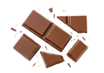 Delicious milk chocolate pieces top view isolated on transparent background