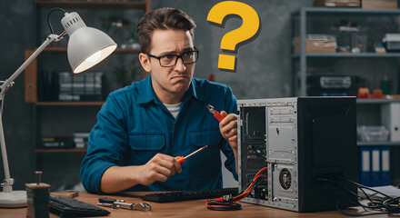 Man Troubleshoots Computer Hardware Frustration with Repair Job and Technical Challenges