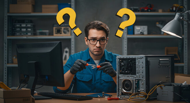 Tech Troubleshooter A Confused IT Professional with a Dismantled Computer and Question Marks