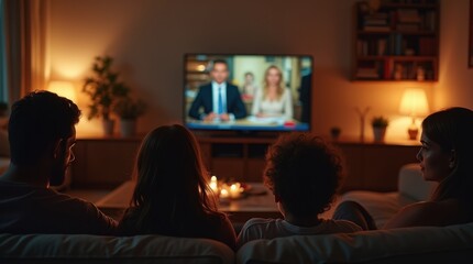 A worried family watches breaking news in their living room during the evening, faces lit by TV, reflecting concern for local events.