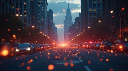 Fototapeta premium Ambulance and police vehicles with flashing lights near a downtown building at night, city lights and emergency response highlight urgency.