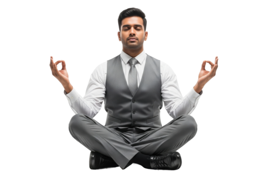 Calm Businessman in Suit Meditating in Lotus Position