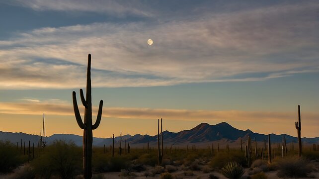 Sunset Landscape Photography of Saguaro Cacti in Desert, Arizona, Nature, Scenic View, Tranquil Atmosphere
