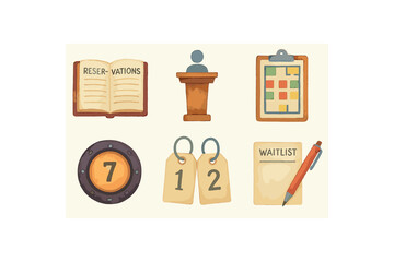 Watercolor hotel icons set with reservation, floor plan, waitlist, and speaker