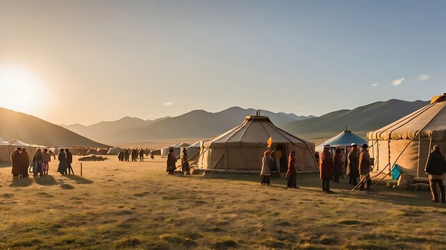 Cultural Gathering, People, Yurt Village, Photography, Mountainous Landscape, Sunset Viewpoint, Traditional Lifestyle Celebration