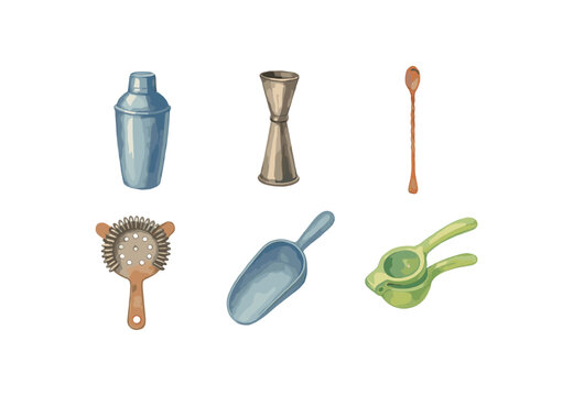 Watercolor bar tools collection with shaker, jigger, spoon, strainer, scoop, citrus press
