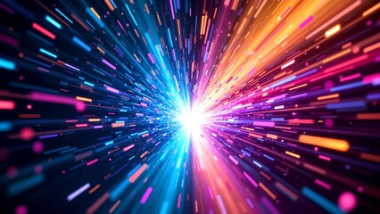 Fototapeta premium A vibrant digital explosion of colorful light streaks radiating from a bright central point, symbolizing energy, speed, and futuristic technology.