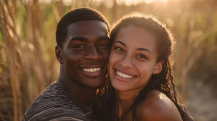 The joyful couple sharing a heartfelt moment during a sunset on the beach.