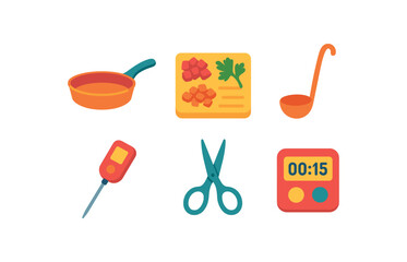 Colorful kitchen utensils and tools icon set