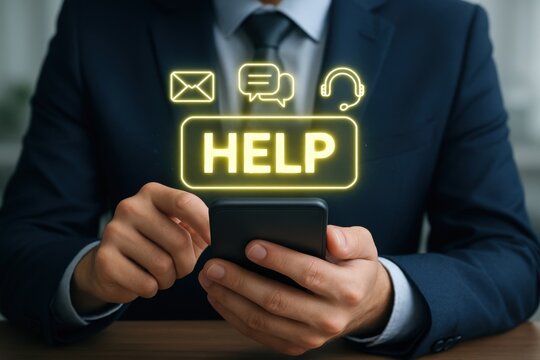 Businessman uses smartphone to access help and support services online