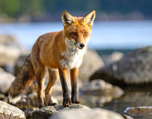 Fototapeta premium Beautiful red fox standing on a few stones over the water surface. Very focused on it
