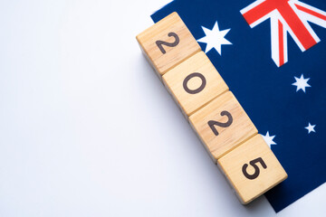 2025, Australia Flag with date block, Concept, Important events for Australia the new year,...
