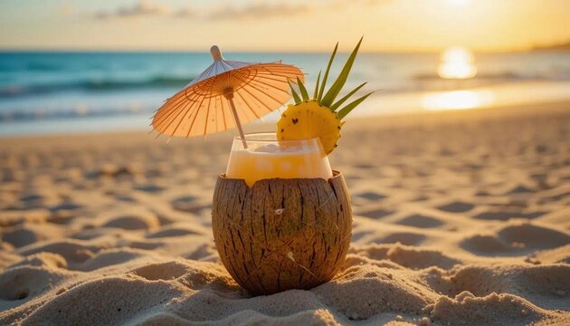 Beachside drink Coconut shell pineapple  umbrella
