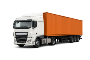 A modern freight truck with an orange container, showcasing efficient transport and logistics capabilities.