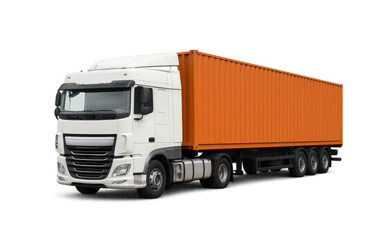 A modern freight truck with an orange container, showcasing efficient transport and logistics capabilities.
