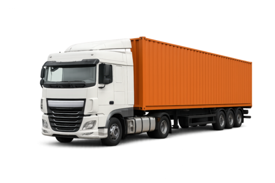 A modern freight truck with an orange container, showcasing efficient transport and logistics capabilities.