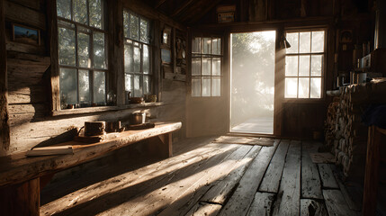 Fototapeta premium Rustic Wooden Cabin Interior With Sunlight Streaming Through Window