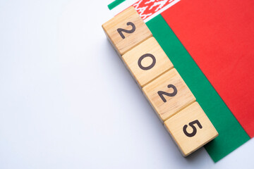 2025, Belarus, Belarus flag with date block, Concept, Important events for Belarus in the new year,...