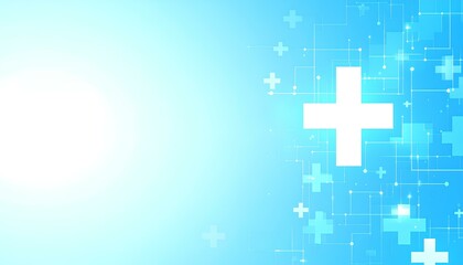 Fototapeta premium Abstract blue background with white medical crosses and digital network lines