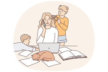 Mother works as freelancer at home and sits with children suffering from lack of workspace