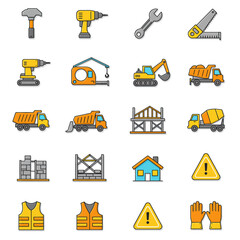 A comprehensive set of colorful flat design icons depicting various construction tools, heavy machinery, building elements, and safety equipment.