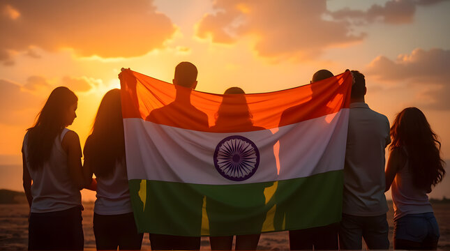 Group of Young People Holding Indian Flag at Sunset