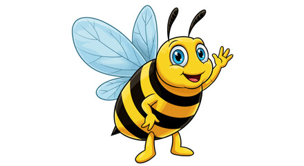 Cheerful Cartoon Bee Waving with Blue Eyes and Translucent Wings