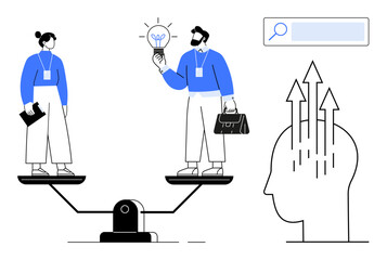 Man and woman on scale sharing ideas, lightbulb representing innovation. Search bar and head with arrows symbolize growth, balance, teamwork. Ideal for innovation, brainstorming, strategy, equality