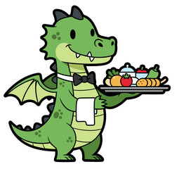 Fototapeta premium Cartoon dragon waiter with food tray