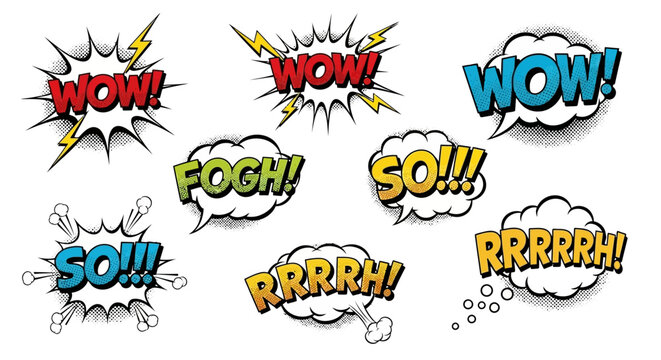 Comic Book Style Speech Bubbles with Exclamations "WOW!", "SO!!!", "FOGH!", "RRRRRH!"