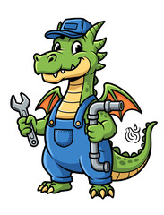 Fototapeta premium Cartoon dragon plumber with wrench
