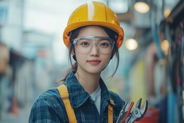 Repairman mechanic, Asian young handyman holding tools and wearing a yellow safety helmet, ready to tackle repair work, Generative AI